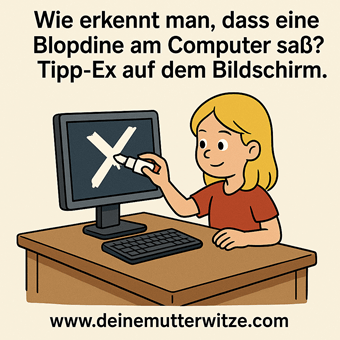 Wie erkennt man, dass eine Blondine am Computer saß? Tipp-Ex auf dem Bildschirm. Wie erkennt man, dass eine Blondine am Computer saß? Tipp-Ex auf dem Bildschirm.