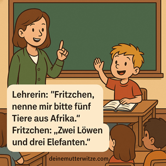 Fritzchen, nenne mir bitte fünf Tiere aus Afrika. Fritzchen: Zwei Löwen und drei Elefanten.