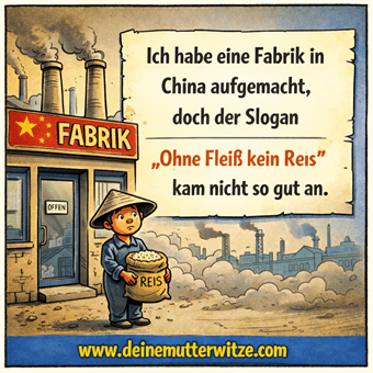 Slogan Witz: Ich habe eine Fabrik in China aufgemacht, doch der Slogan Ohne Fleiß kein Reis kam nicht so gut an. Slogan Witze